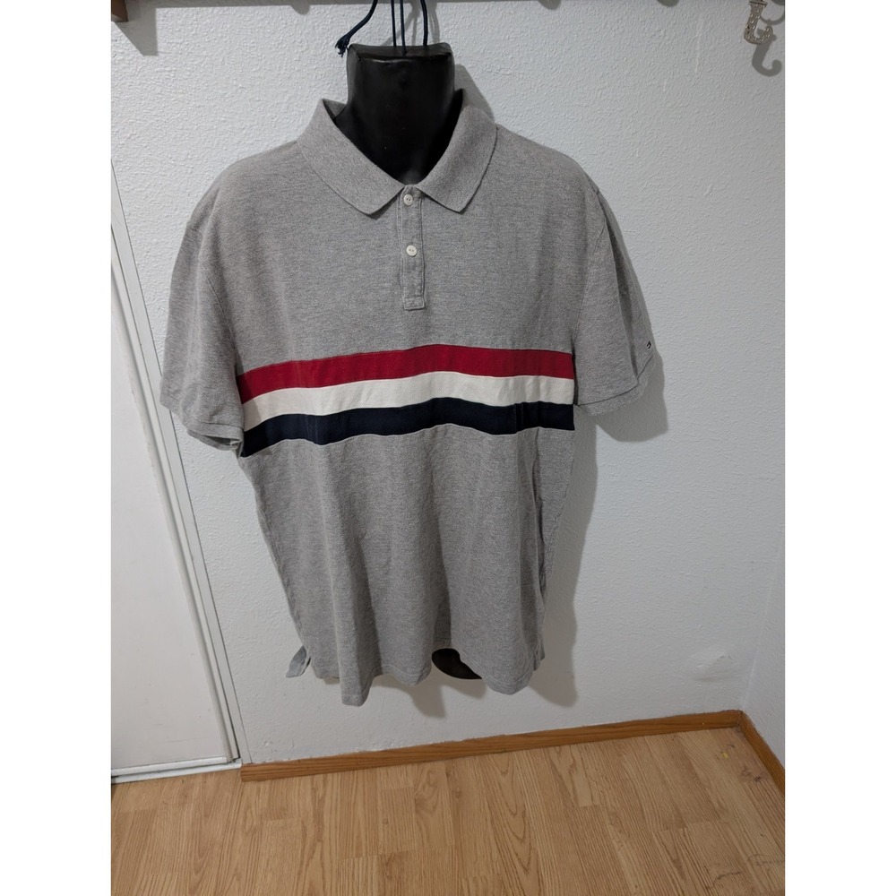 Tommy Hilfiger Mens XXL Gray Polo Shirt Red White Blue Stripe Short Sleeve Cotto